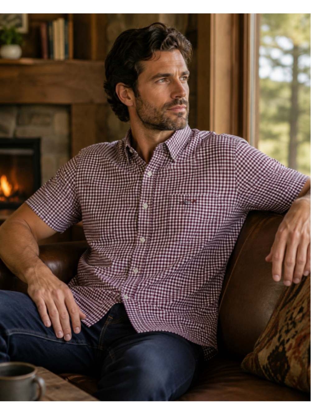 Men's Greg Norman Casual Button Down Shirt M Brown/ burgundy Gingham Summer